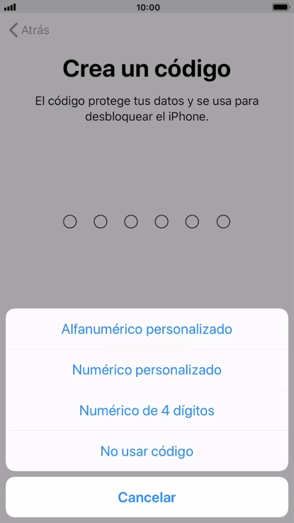 Sigue las indicaciones de la pantalla para activar el uso del código de seguridad o pulsa No usar código.