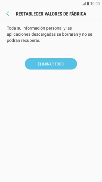 Pulsa ELIMINAR TODO. Espera unos instantes mientras el teléfono restablece la configuración predeterminada. Sigue las indicaciones de la pantalla para configurar el teléfono y dejarlo listo para su uso.