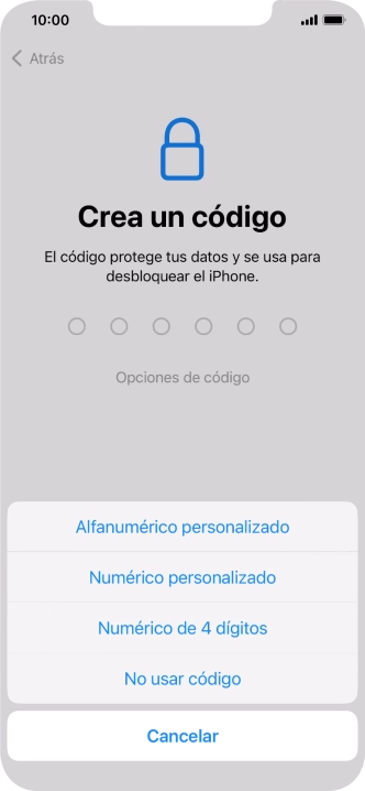 Sigue las indicaciones de la pantalla para activar el uso del código de seguridad o pulsa No usar código.