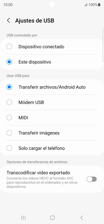 Pulsa Transferir archivos/Android Auto.