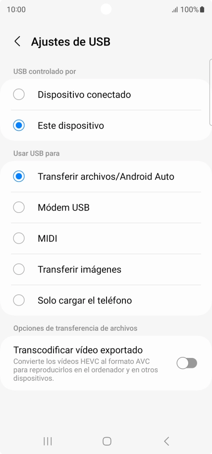 Pulsa Transferir archivos/Android Auto.