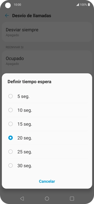 Si desvías las llamadas perdidas, tendrás que seleccionar un retardo para el desvío. Pulsa la opción deseada para seleccionar el retardo del desvío de llamadas.