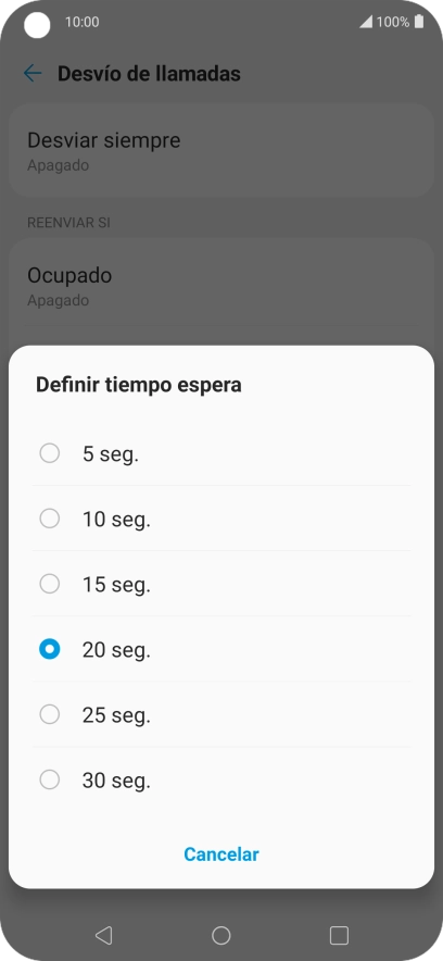 Si desvías las llamadas perdidas, tendrás que seleccionar un retardo para el desvío. Pulsa la opción deseada para seleccionar el retardo del desvío de llamadas.