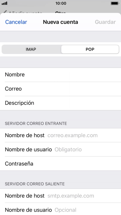 Pulsa Nombre de host e introduce el nombre del servidor de correo de entrada de tu proveedor de correo electrónico.