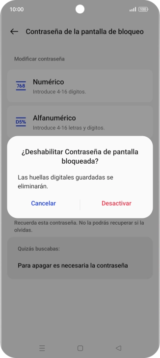 Pulsa Desactivar e introduce el código de seguridad extra que has creado anteriormente.