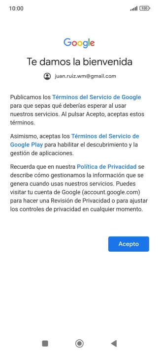 Pulsa Acepto y sigue las indicaciones de la pantalla para seleccionar los ajustes de tu cuenta de Google.