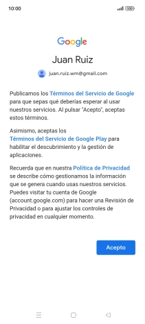 Pulsa Acepto y sigue las indicaciones de la pantalla para seleccionar los ajustes de tu cuenta de Google.