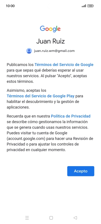 Pulsa Acepto y sigue las indicaciones de la pantalla para seleccionar los ajustes de tu cuenta de Google.