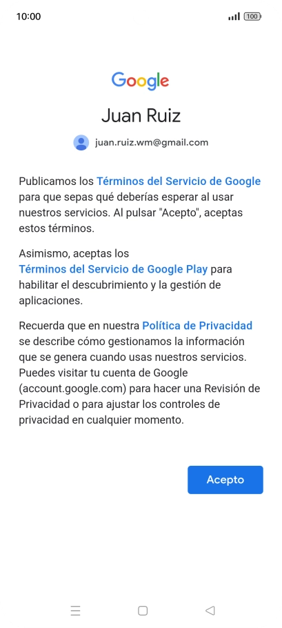Pulsa Acepto y sigue las indicaciones de la pantalla para seleccionar los ajustes de tu cuenta de Google.