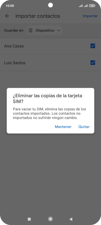 Si deseas conservar los contactos importados en la tarjeta SIM, pulsa Mantener.