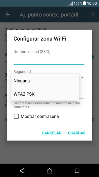 Pulsa WPA2 PSK para proteger la conexión wifi con una contraseña.