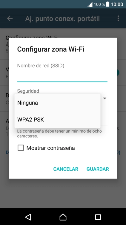 Pulsa WPA2 PSK para proteger la conexión wifi con una contraseña.