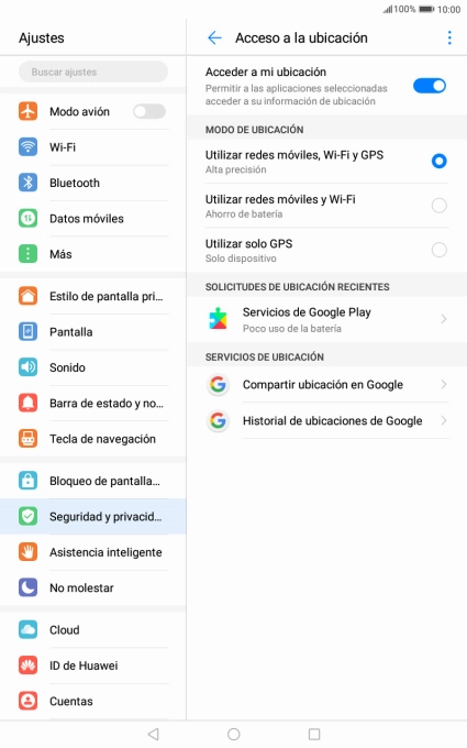 Si seleccionas Utilizar redes móviles, Wi-Fi y GPS, la tablet podrá encontrar tu posición exacta con ayuda de los satélites GPS, la red móvil y una red wifi cercana. El GPS por satélite requiere vista libre al cielo.