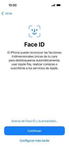 Sigue las indicaciones de la pantalla para activar el uso del reconocimiento facial (Face ID) o pulsa Configurar más tarde.