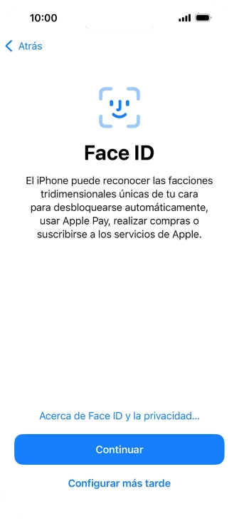 Sigue las indicaciones de la pantalla para activar el uso del reconocimiento facial (Face ID) o pulsa Configurar más tarde.