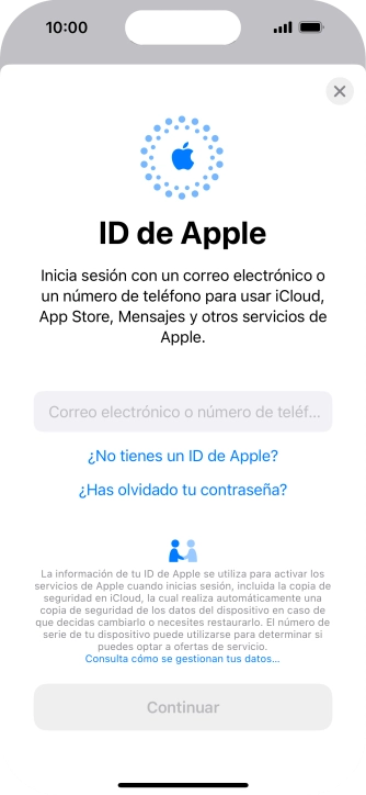 Si no tienes un ID de Apple, pulsa ¿No tienes un ID de Apple? y sigue las indicaciones de la pantalla para ver cómo crear un ID de Apple.