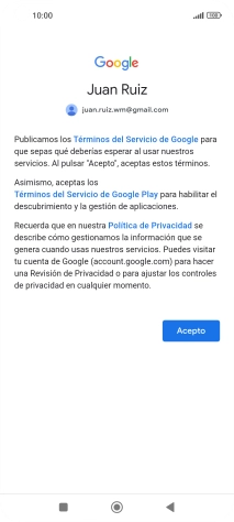 Pulsa Acepto y sigue las indicaciones de la pantalla para seleccionar los ajustes de tu cuenta de Google.
