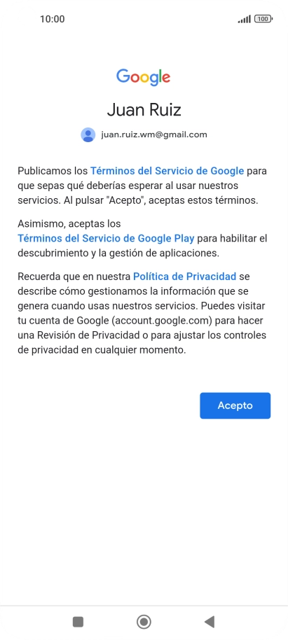 Pulsa Acepto y sigue las indicaciones de la pantalla para seleccionar los ajustes de tu cuenta de Google.