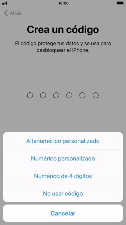 Sigue las indicaciones de la pantalla para activar el uso del código de seguridad o pulsa No usar código.