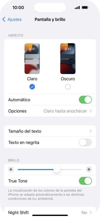 Si activas la función, pulsa Opciones y sigue las indicaciones de la pantalla para seleccionar el período de tiempo que debe durar el Modo Oscuro.
