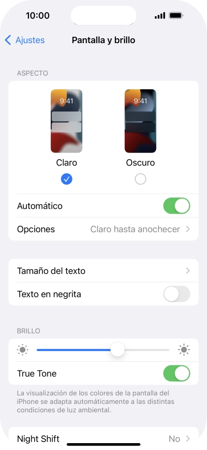 Si activas la función, pulsa Opciones y sigue las indicaciones de la pantalla para seleccionar el período de tiempo que debe durar el Modo Oscuro.