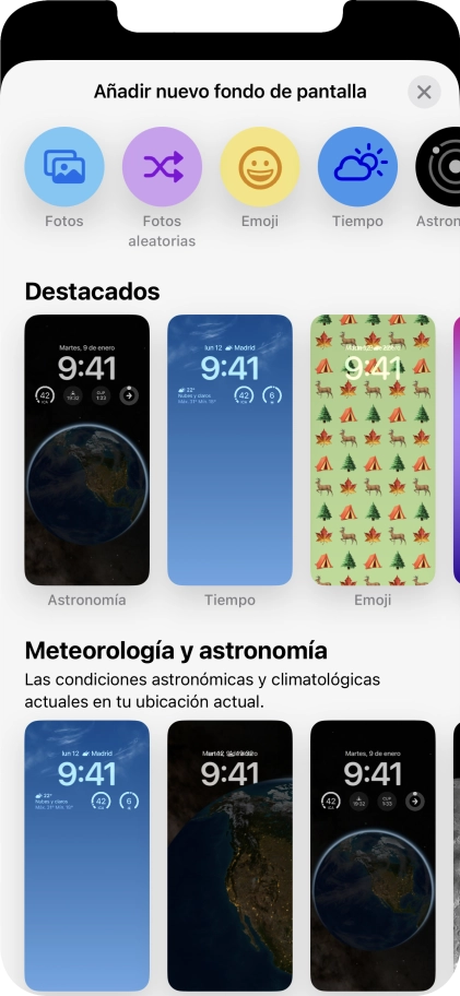 Pulsa una categoría y sigue las indicaciones de la pantalla para seleccionar la imagen de fondo deseada.
