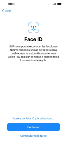 Sigue las indicaciones de la pantalla para activar el uso del reconocimiento facial (Face ID) o pulsa Configurar más tarde.