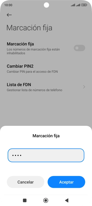 Introduce el código PIN2 y pulsa Aceptar.Puedes obtener el código PIN2 dirigiéndote al Servicio de Atención al Cliente de Vodafone, llamando al teléfono 22123 (desde un teléfono móvil de Vodafone) o al 607 123 000 (desde otros teléfonos).