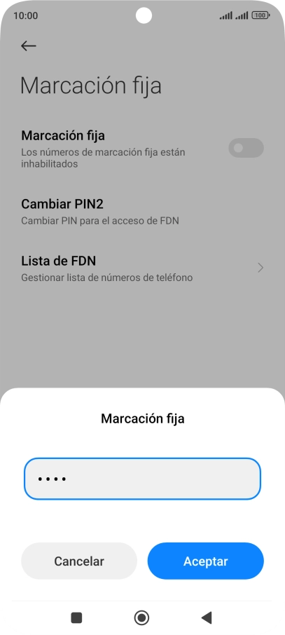 Introduce el código PIN2 y pulsa Aceptar.Puedes obtener el código PIN2 dirigiéndote al Servicio de Atención al Cliente de Vodafone, llamando al teléfono 22123 (desde un teléfono móvil de Vodafone) o al 607 123 000 (desde otros teléfonos).