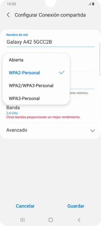 Pulsa WPA2-Personal para proteger la conexión Wi-Fi con una contraseña.
