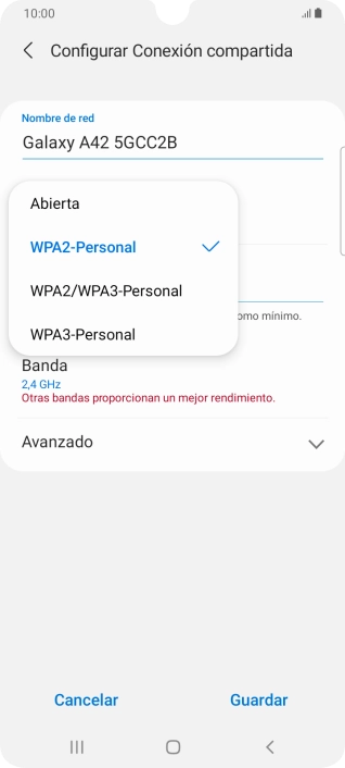 Pulsa WPA2-Personal para proteger la conexión Wi-Fi con una contraseña.