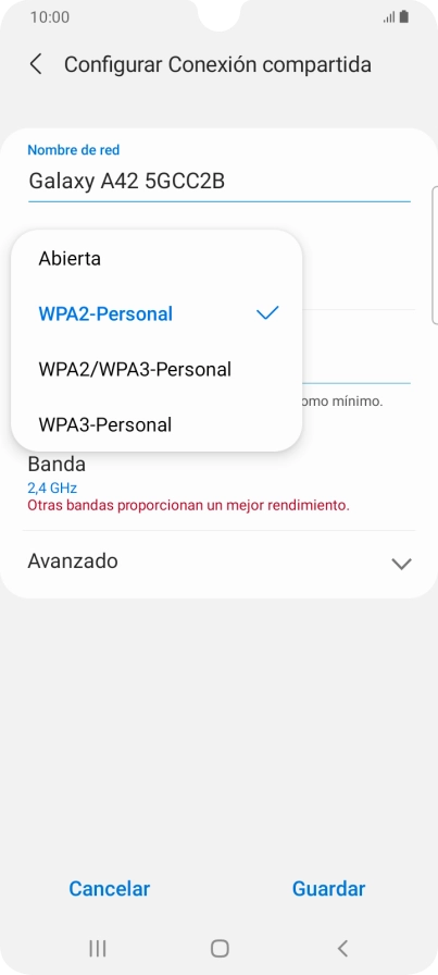 Pulsa WPA2-Personal para proteger la conexión Wi-Fi con una contraseña.