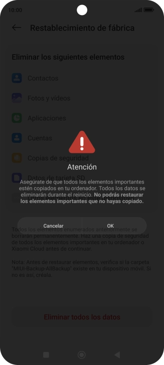 Pulsa OK. Espera unos instantes mientras el teléfono restablece la configuración predeterminada. Sigue las indicaciones de la pantalla para configurar el teléfono y dejarlo listo para su uso.