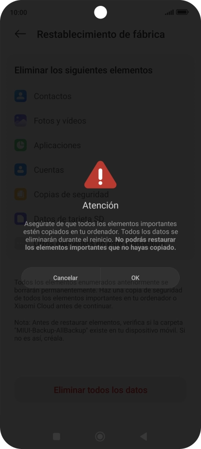 Pulsa OK. Espera unos instantes mientras el teléfono restablece la configuración predeterminada. Sigue las indicaciones de la pantalla para configurar el teléfono y dejarlo listo para su uso.