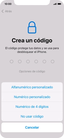 Sigue las indicaciones de la pantalla para activar el uso del código de seguridad o pulsa No usar código.