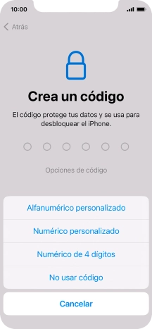 Sigue las indicaciones de la pantalla para activar el uso del código de seguridad o pulsa No usar código.