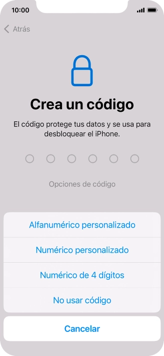 Sigue las indicaciones de la pantalla para activar el uso del código de seguridad o pulsa No usar código.