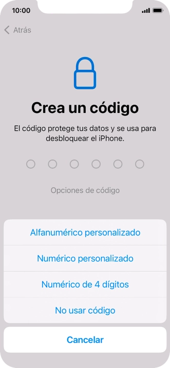 Sigue las indicaciones de la pantalla para activar el uso del código de seguridad o pulsa No usar código.