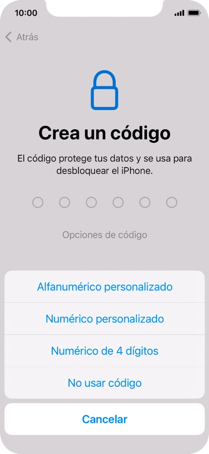 Sigue las indicaciones de la pantalla para activar el uso del código de seguridad o pulsa No usar código.