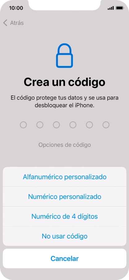 Sigue las indicaciones de la pantalla para activar el uso del código de seguridad o pulsa No usar código.