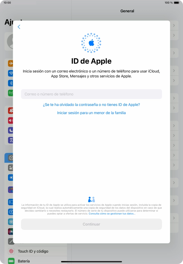Si no tienes un ID de Apple, pulsa ¿Se te ha olvidado la contraseña o no tienes ID de Apple? y sigue las indicaciones de la pantalla para ver cómo crear un ID de Apple.