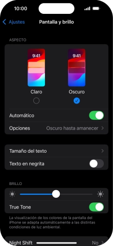 Si activas la función, pulsa Opciones y sigue las indicaciones de la pantalla para seleccionar el período de tiempo que debe durar el Modo Oscuro.