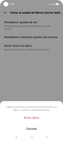 Pulsa Borrar datos. Espera unos instantes mientras el teléfono restablece la configuración predeterminada. Sigue las indicaciones de la pantalla para configurar el teléfono y dejarlo listo para su uso.