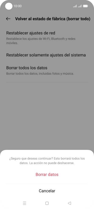 Pulsa Borrar datos. Espera unos instantes mientras el teléfono restablece la configuración predeterminada. Sigue las indicaciones de la pantalla para configurar el teléfono y dejarlo listo para su uso.