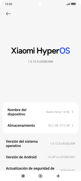 Pulsa Xiaomi HyperOS. Si hay una versión de software nueva disponible, aparecerá ahora en la pantalla. Sigue las indicaciones de la pantalla para actualizar el software del teléfono.