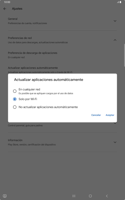 Para activar la actualización automática de apps utilizando la red móvil, pulsa En cualquier red.