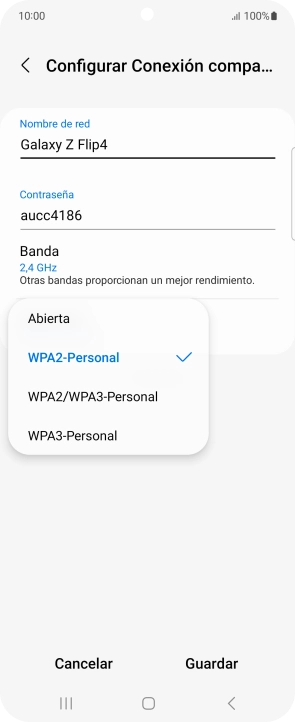 Pulsa WPA3-Personal para proteger la conexión wifi con una contraseña.