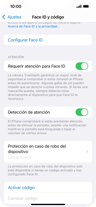 Pulsa Activar código e introduce un código de seguridad de libre elección dos veces seguidas.