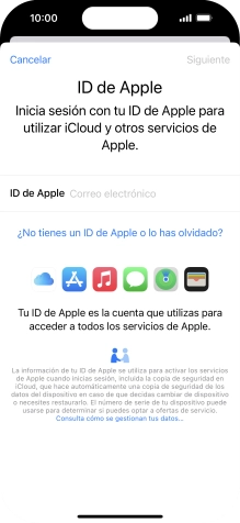 Si no tienes un ID de Apple, pulsa ¿No tienes un ID de Apple o lo has olvidado? y sigue las indicaciones de la pantalla para ver cómo crear un ID de Apple.