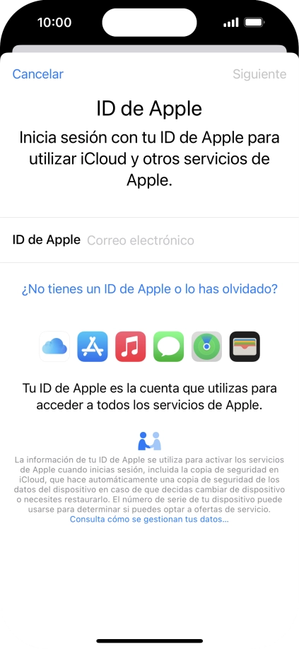 Si no tienes un ID de Apple, pulsa ¿No tienes un ID de Apple o lo has olvidado? y sigue las indicaciones de la pantalla para ver cómo crear un ID de Apple.